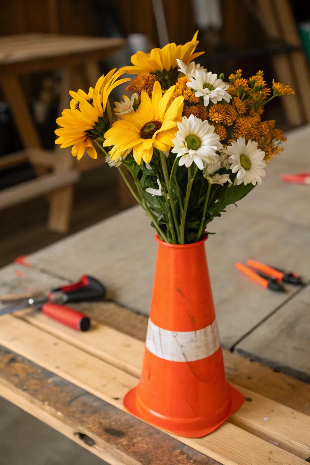 Craft a centerpiece with a twist: Traffic Cone Vases add charm to any DIY party.