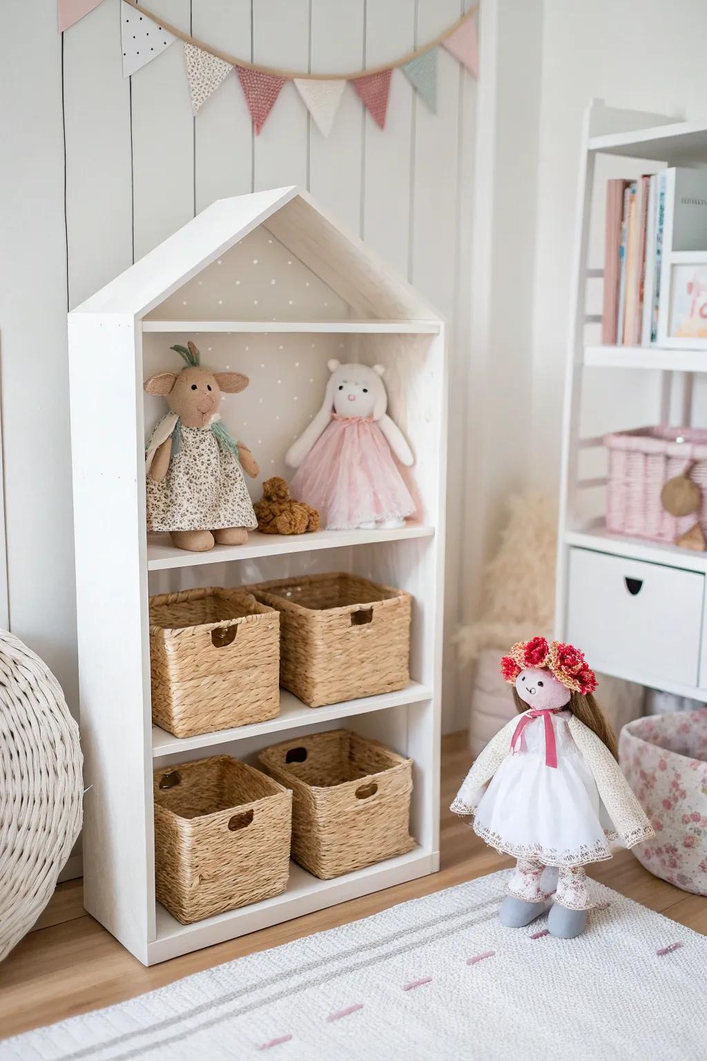 Elevate your space with themed doll storage that seamlessly blends minimalist design with boho charm.