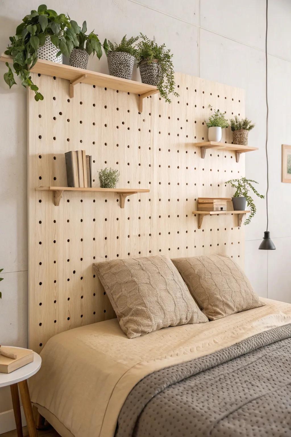 Transform your bedroom into a haven of style and organization with a chic pegboard headboard. 🌿✨ #ScandinavianBoho #DIYDecor
