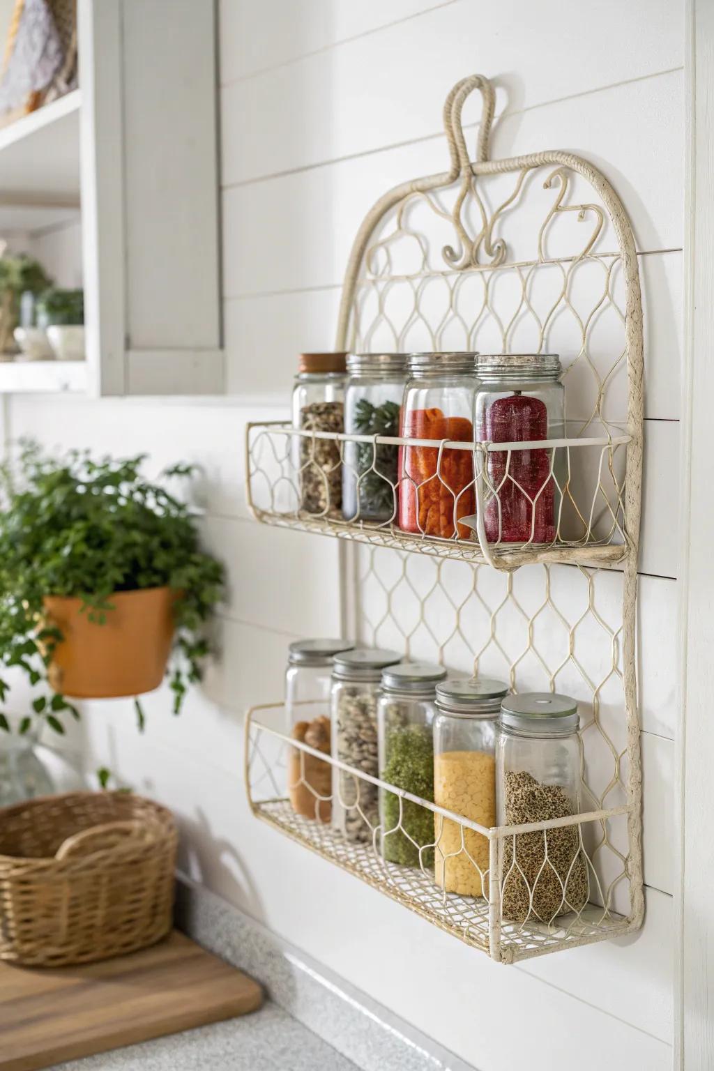 Elevate your kitchen with this chic and practical wire mesh shelf, where minimalist design meets vibrant Boho flair.