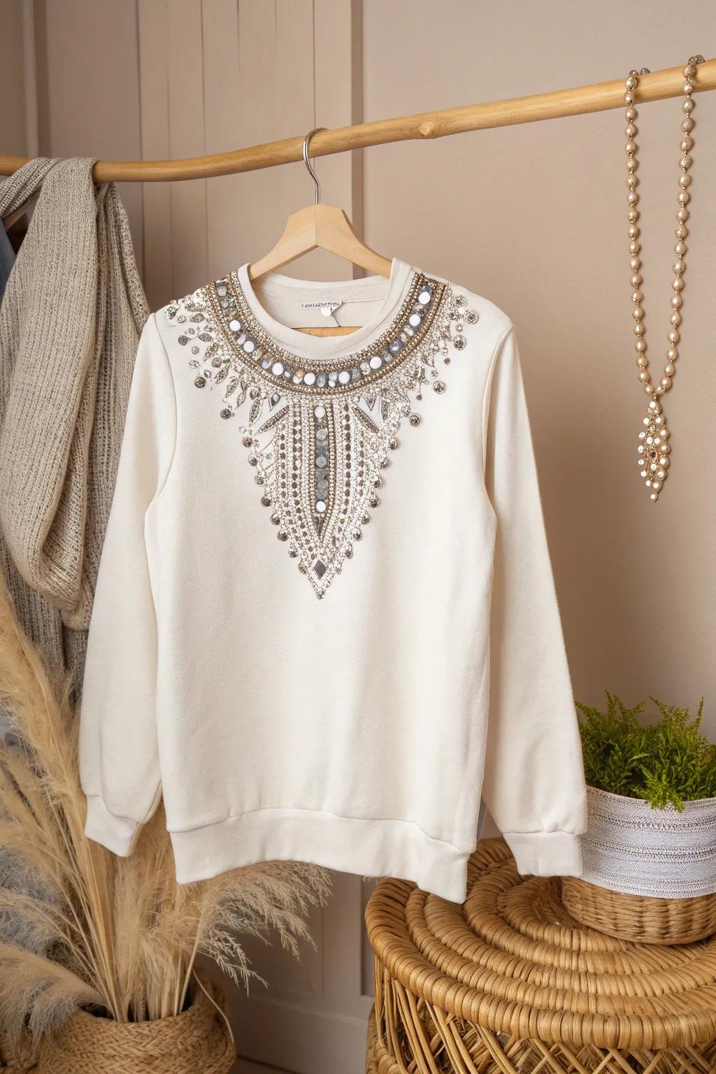 Elevate your style with a touch of sparkle: DIY rhinestone sweatshirt makeover.
