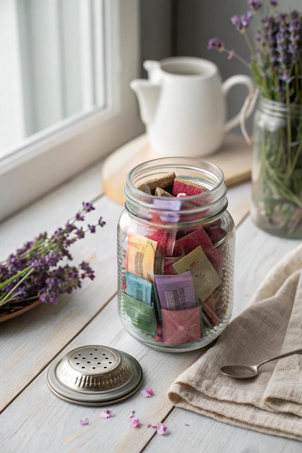 Craft the perfect gift with a cozy tea kit in a mason jar – a blend of simplicity and warmth perfect for the holiday season.