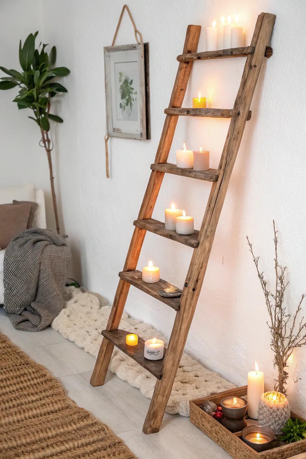 Transform your space with a whimsical touch: a repurposed ladder candle holder that blends simplicity with bold elegance.