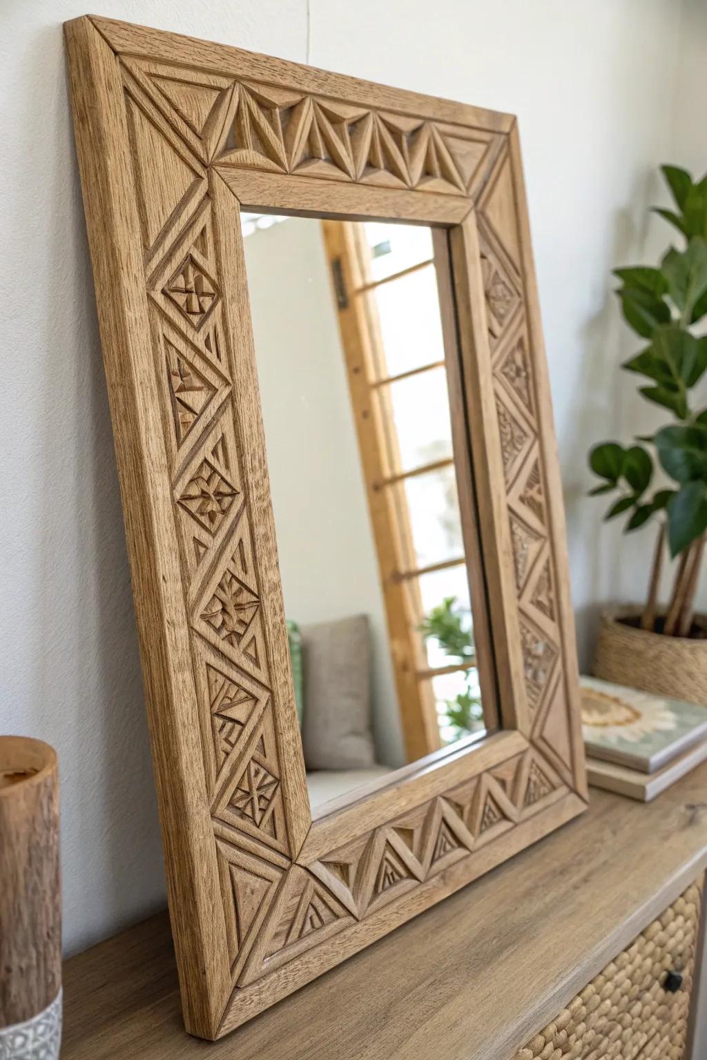 Transform your space with a handcrafted geometric mirror frame that blends modern design with natural elegance.