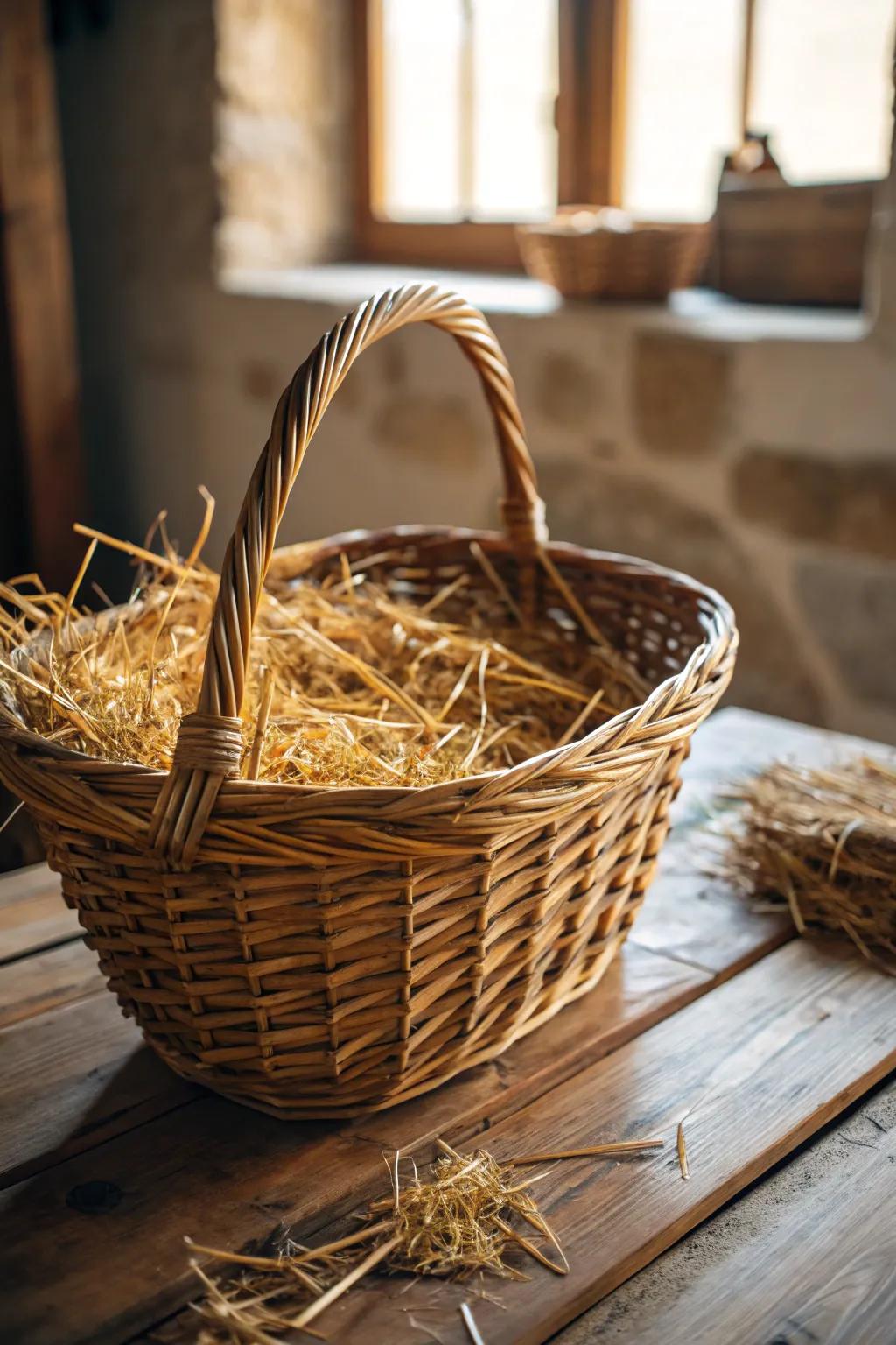 Transform a simple wicker basket into a cozy duck retreat with rustic charm.