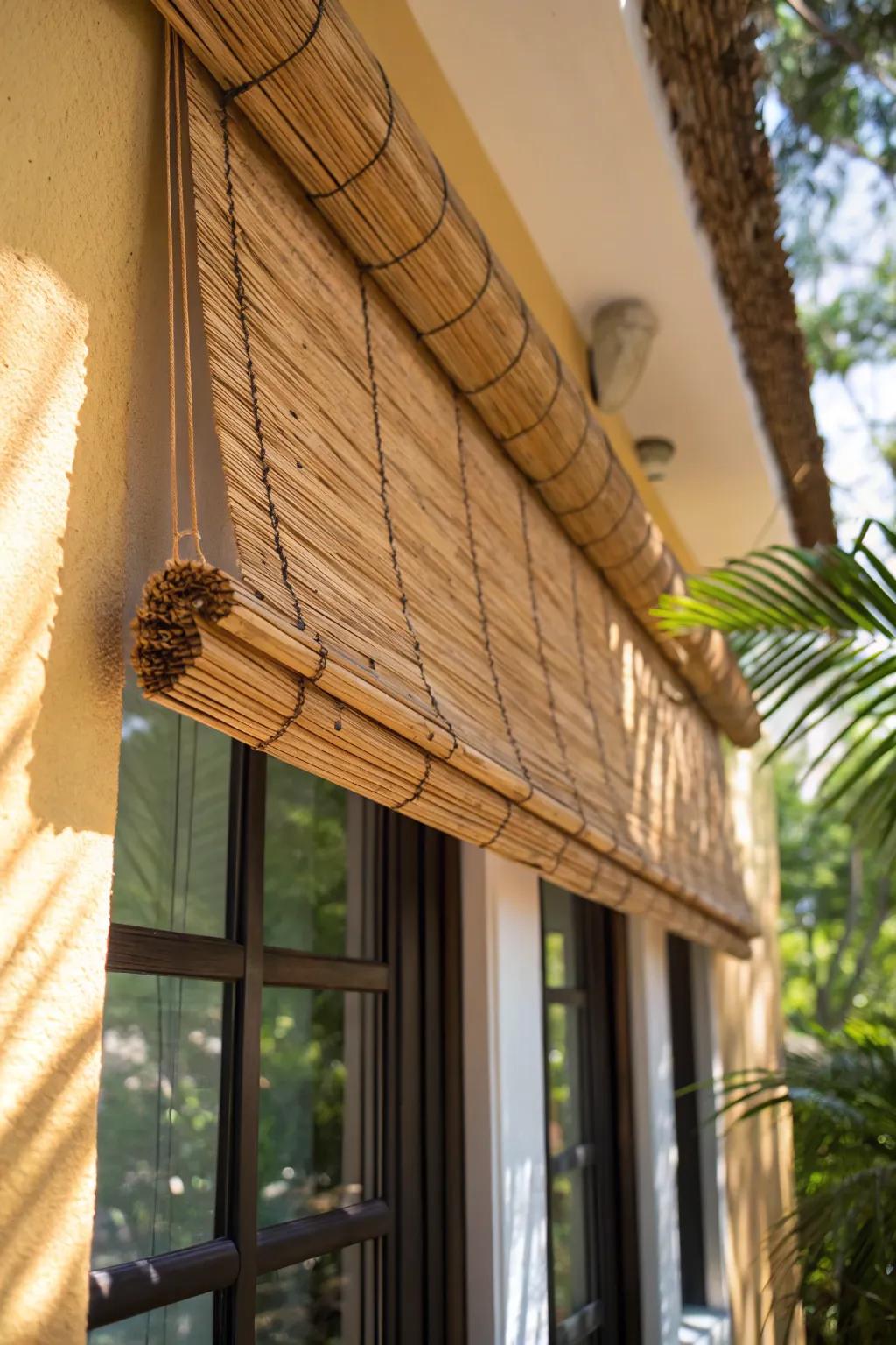 Elevate your space with the natural charm of a bamboo roll-up awning.