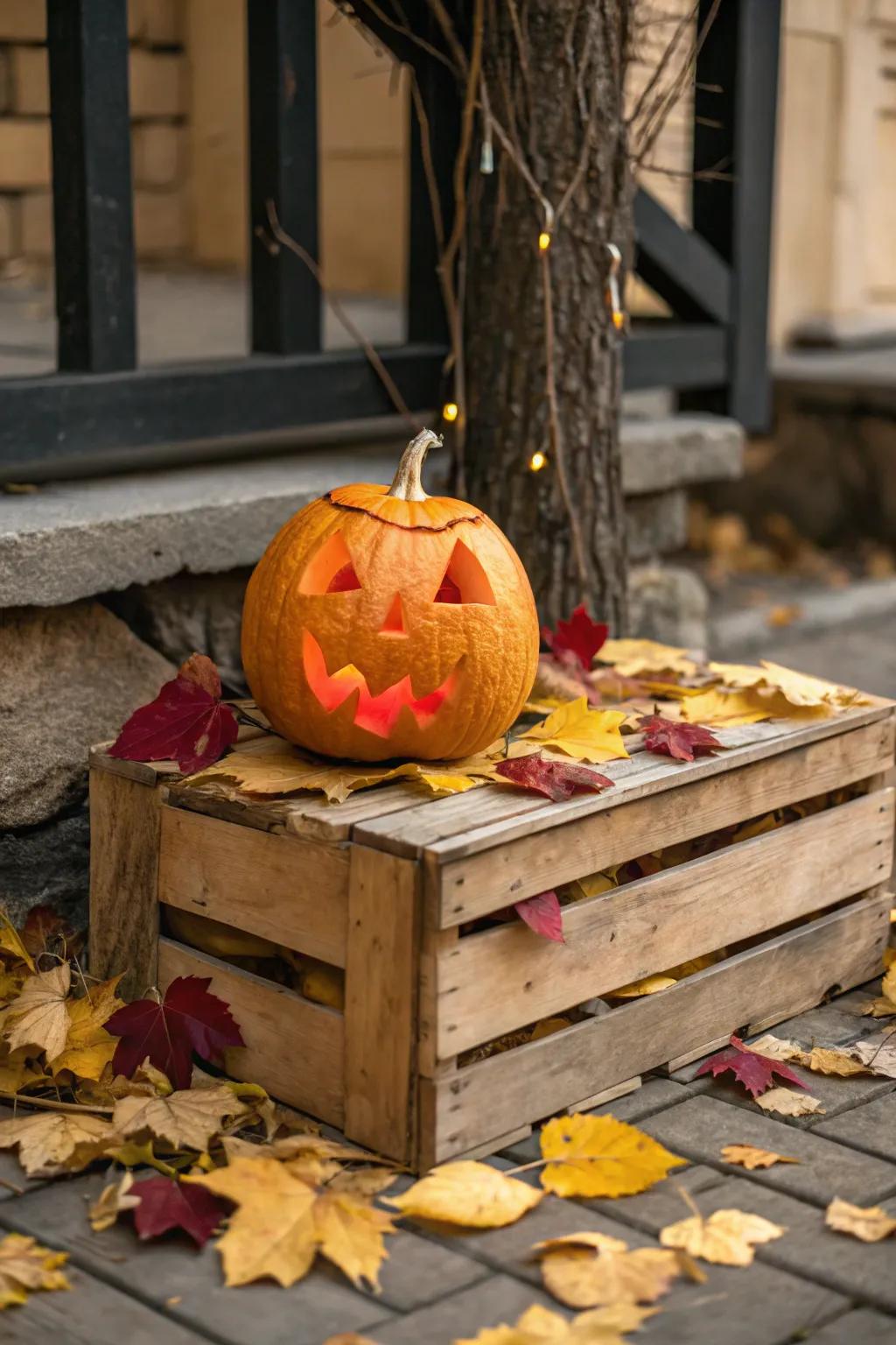 Embrace rustic charm with this beautifully simple jack o'lantern display, perfect for a cozy autumn vibe.