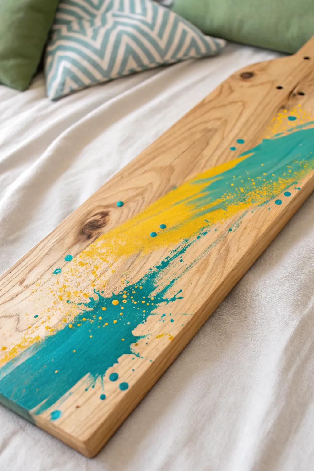 Bring a burst of color to your wall with this striking abstract wood painting.