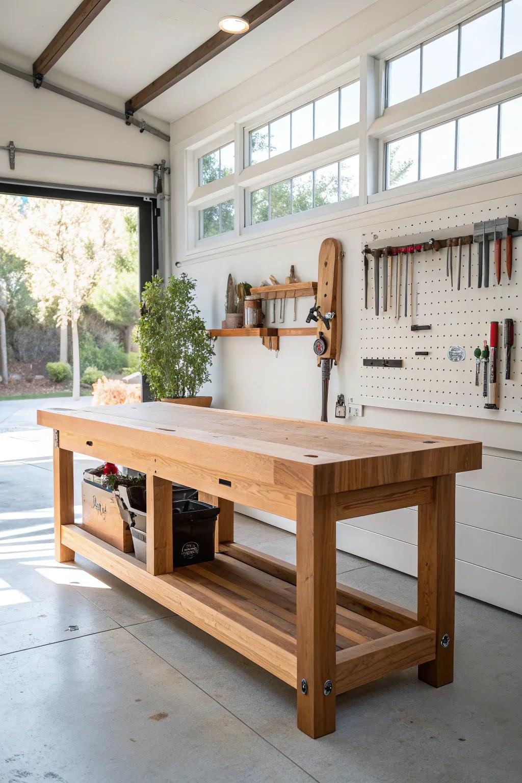 Elevate your projects with a bright and spacious workbench setup, where craftsmanship meets creativity.
