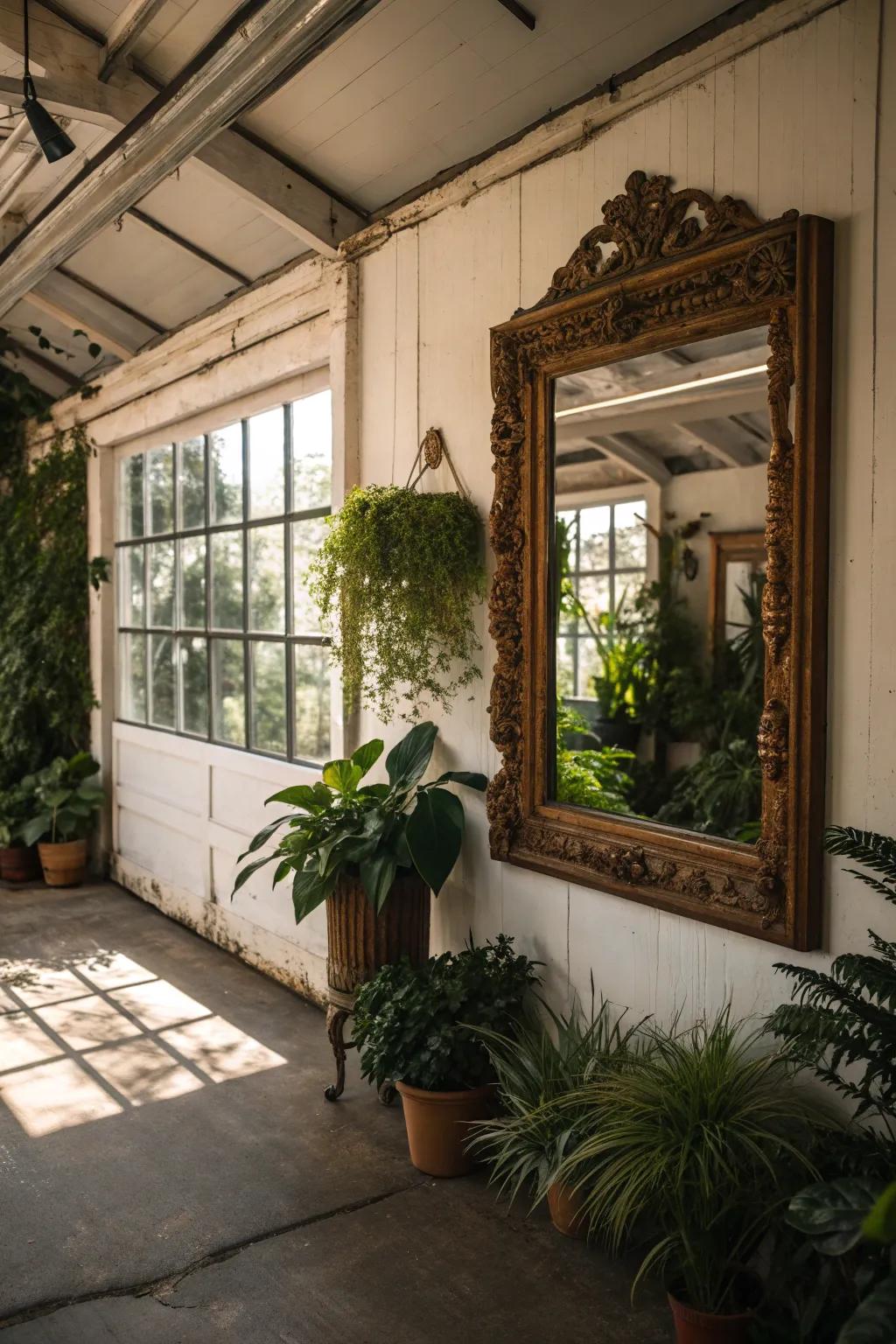 Transform your garage greenhouse with the elegance of reflective surfaces to create a brighter, more inviting oasis.