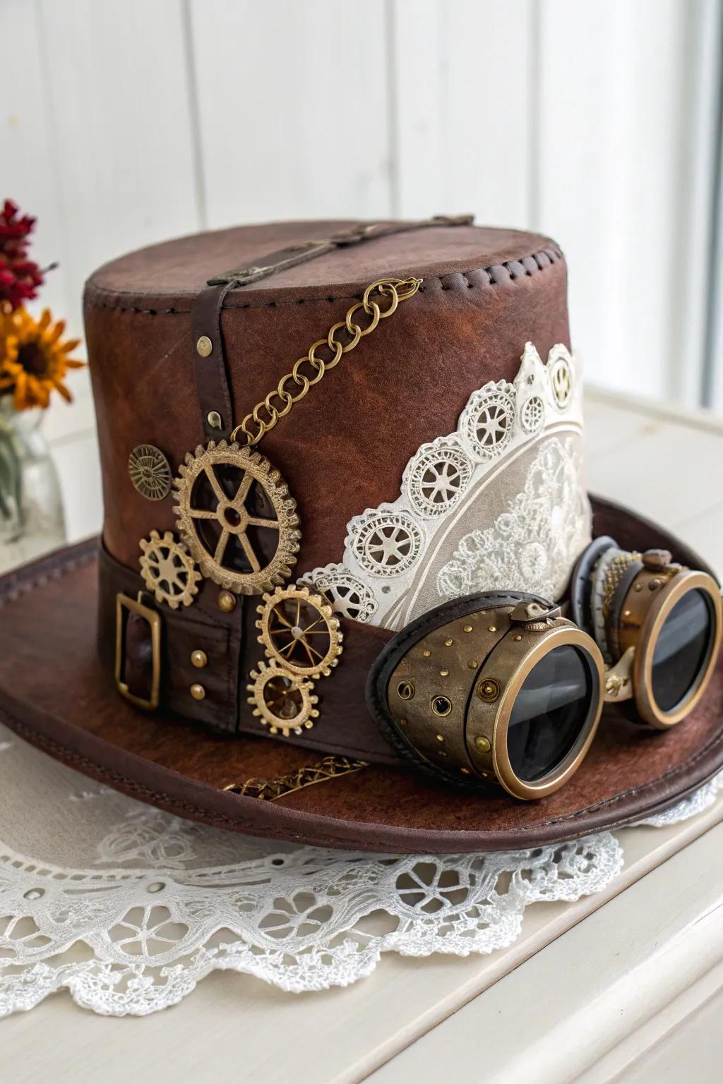 Step into the world of adventure with this stunning steampunk top hat, a perfect blend of elegance and industrial fantasy.