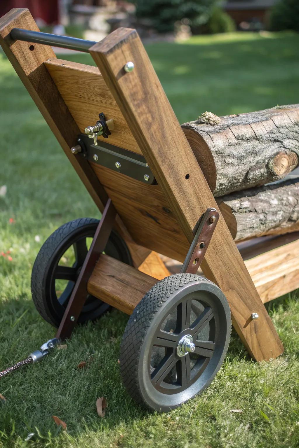 Roll with ease: A handcrafted wheeled wood splitter for the ultimate in mobile log-splitting freedom.