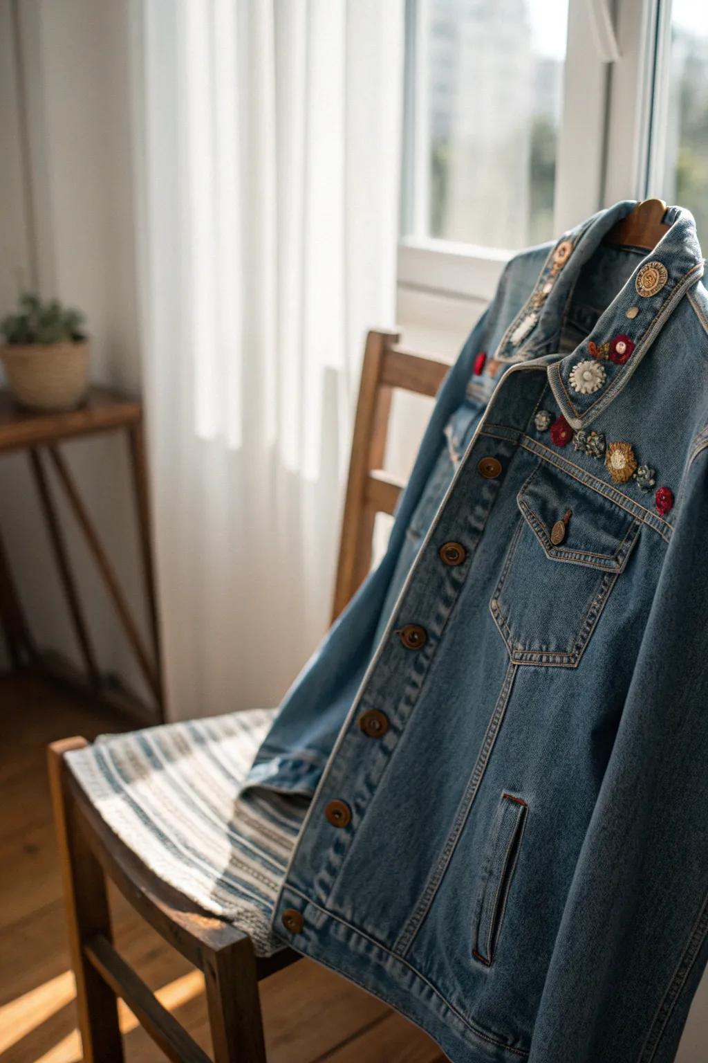 Transform your jean jacket into a work of art with a 'Button Bonanza'—a charming blend of vintage flair and modern simplicity.