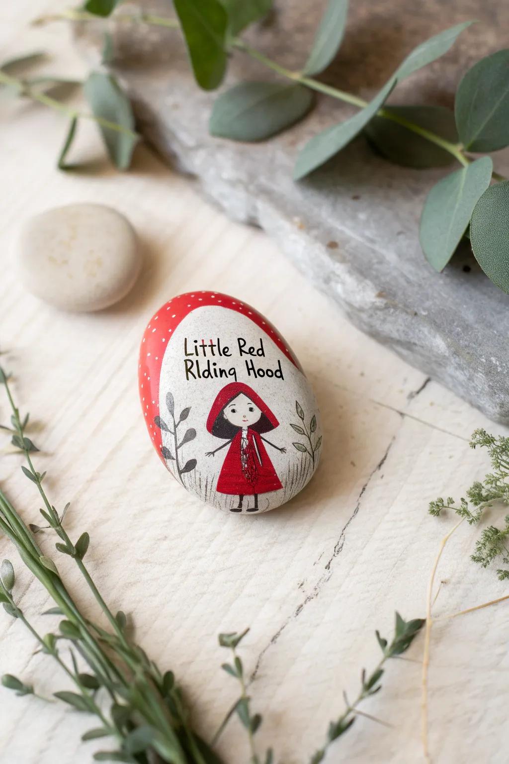 Transform nature into art with this Little Red Riding Hood painted stone, perfect for adding a whimsical touch to your garden or desk.