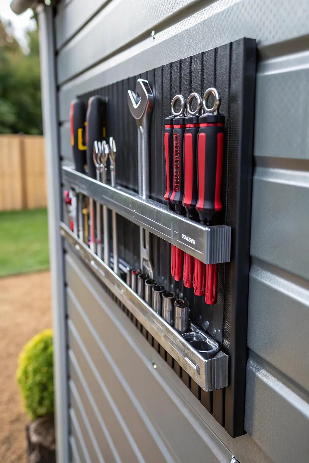 Organize your workspace with style: Magnetic tool holders keep your tools within easy reach and add a touch of modern craftsmanship to your shed.