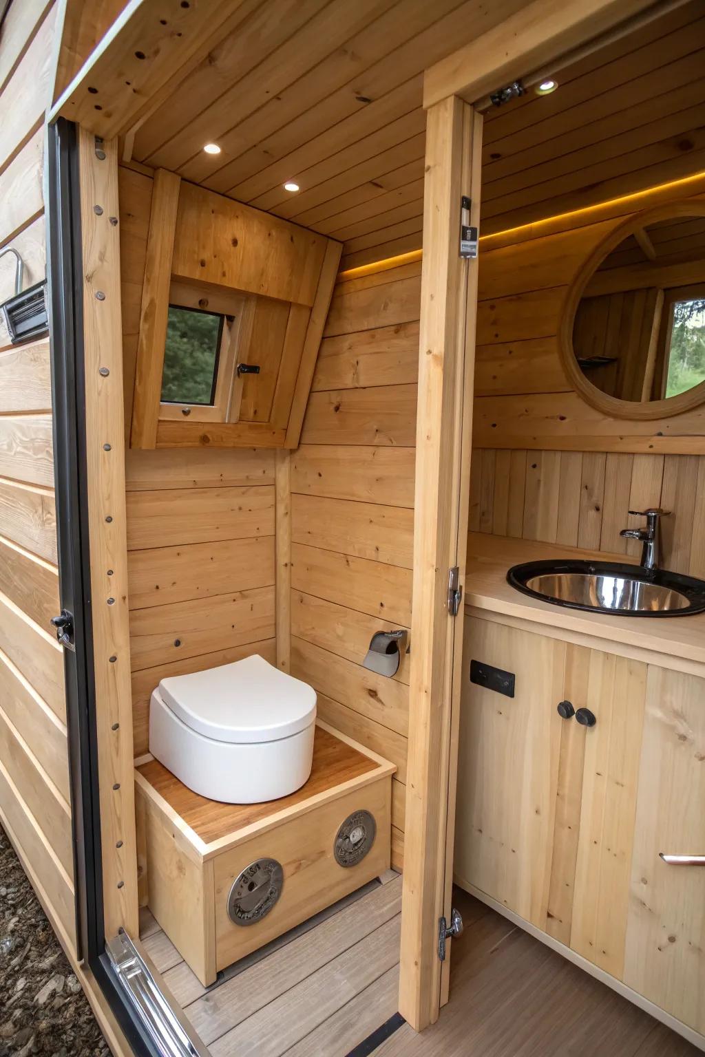 Discover the perfect blend of rustic charm and modern efficiency in this elegantly designed outhouse interior.