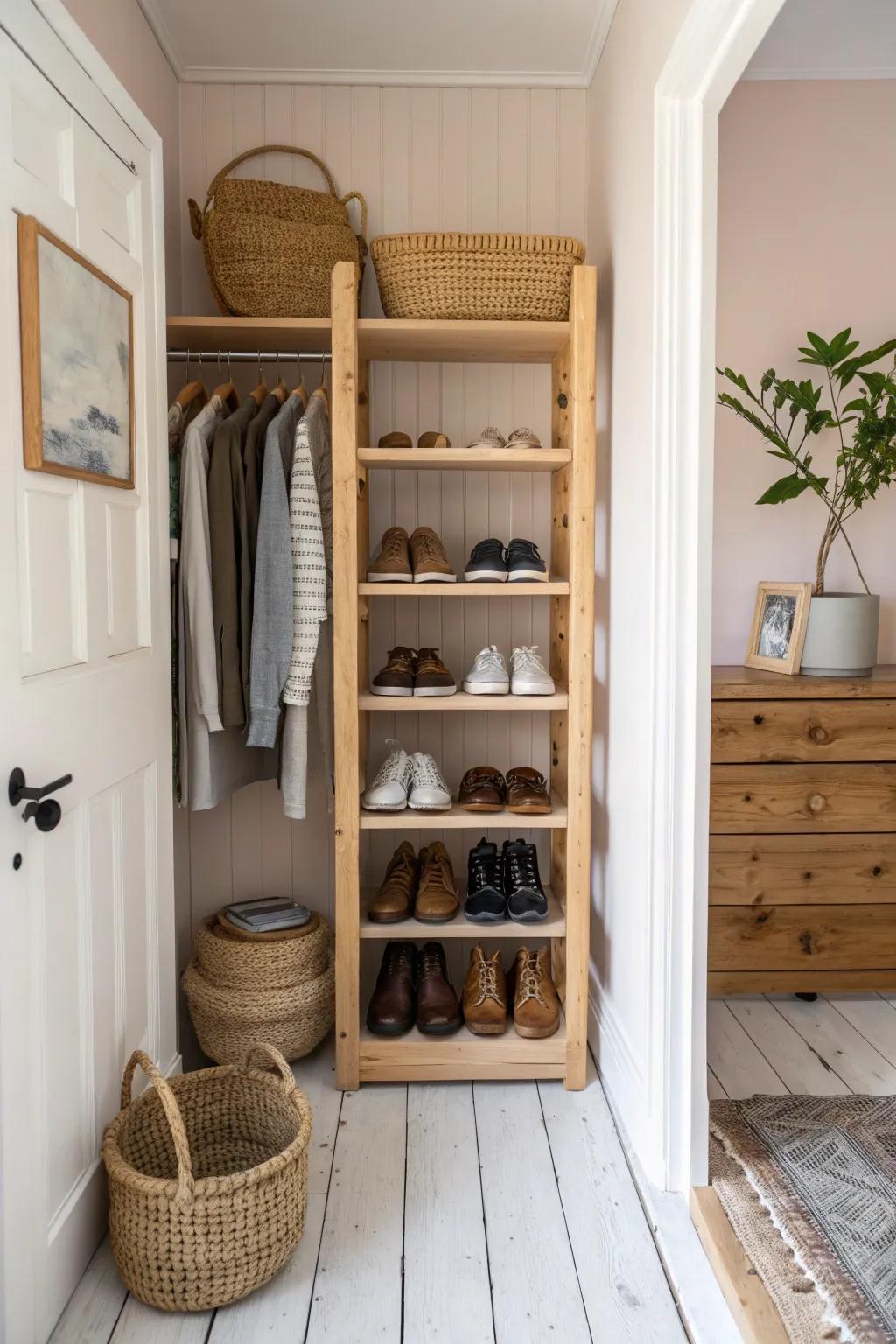Transform your closet into a boutique oasis with vertical shelving—maximize space and style effortlessly!