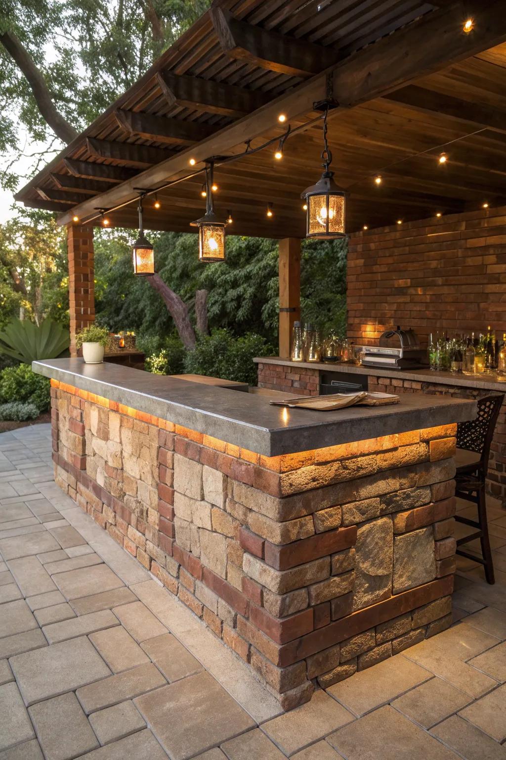 Elevate your backyard bar with a stunning mix of brick, stone, and metal for a unique touch of craftsmanship.