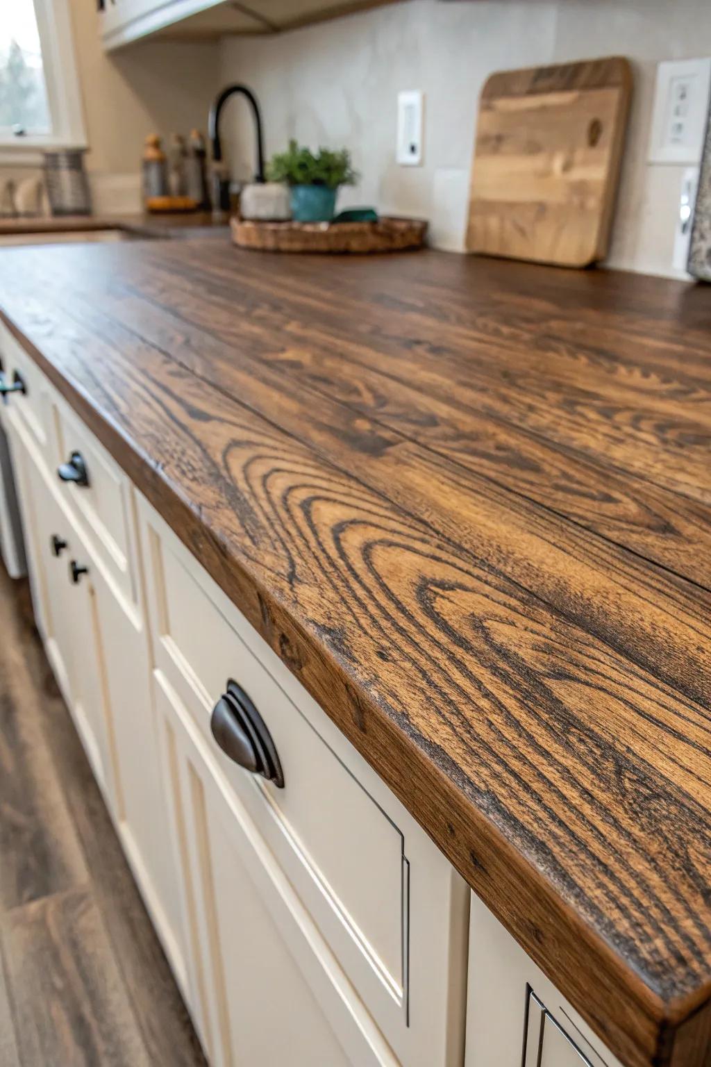 Transform your kitchen with the rustic elegance of a painted wood grain countertop.