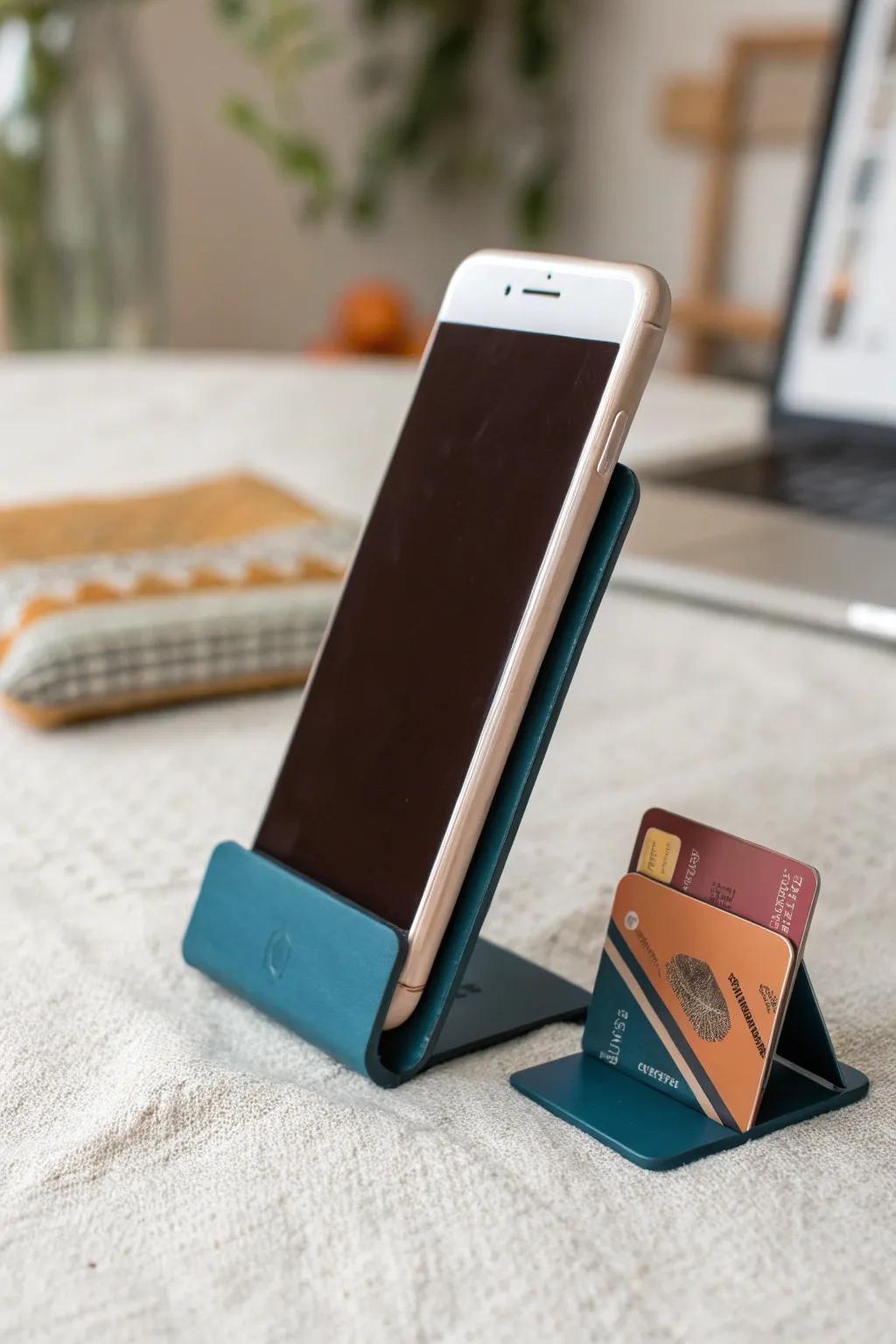 Transform old into chic with this minimalist phone stand crafted from an upcycled plastic card. Perfect for spontaneous creativity!