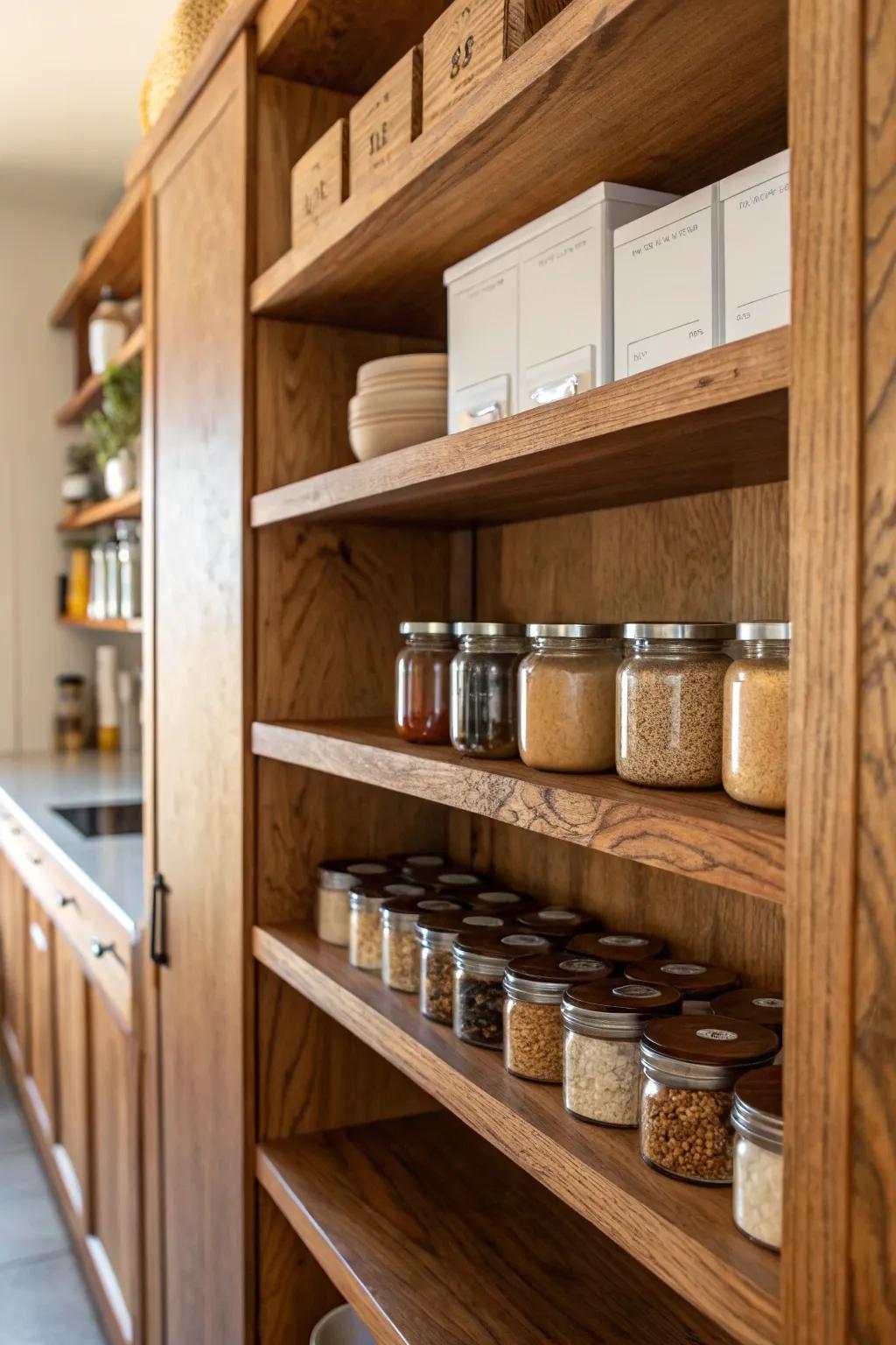 Elevate your pantry game with custom-crafted plywood shelves that blend style with practicality.
