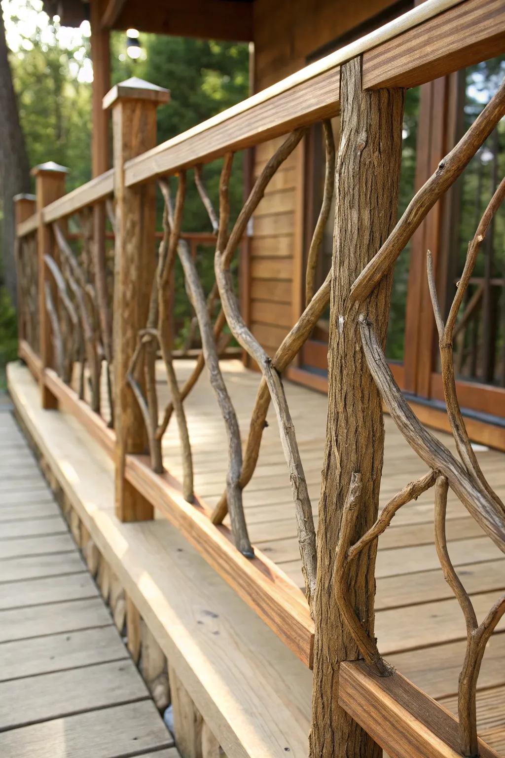 Elevate your deck with the rustic charm of natural branch accents.