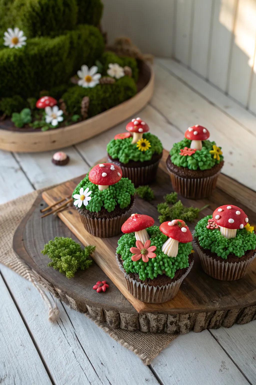 Step into an enchanting forest with these exquisite woodland cupcakes, where nature meets artistry.