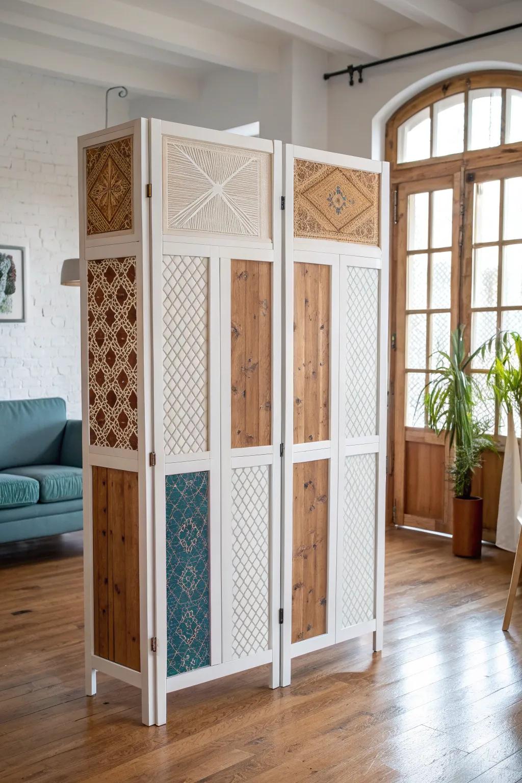 Transform your space with this chic room divider made from repurposed cabinet doors—perfect for adding privacy and style to any open area.