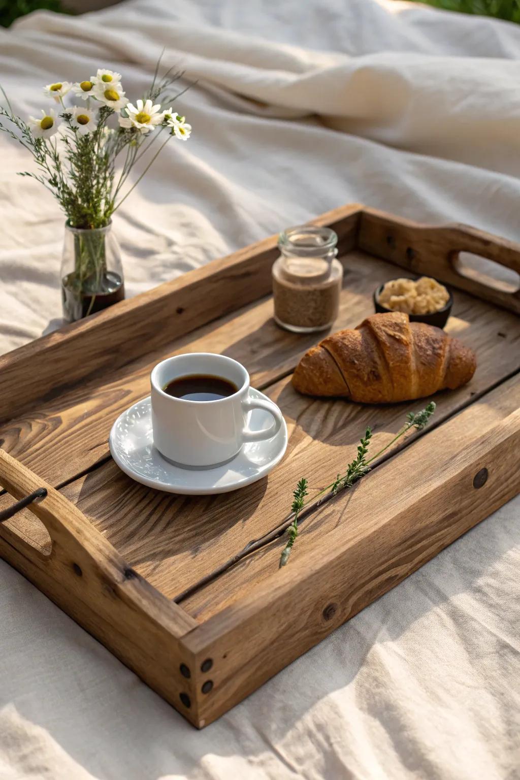 Elevate your mornings with a handcrafted rustic serving tray, perfect for a cozy breakfast in bed.