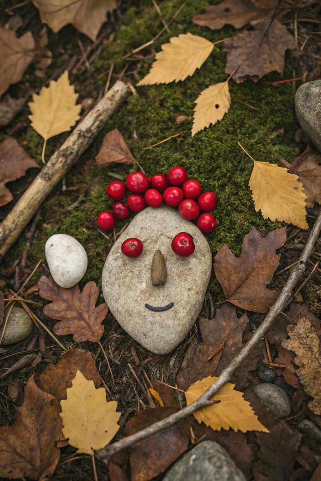 Nature's Portrait: A whimsical face crafted from berries, sticks, and stones, showcasing the beauty and creativity found in simplicity.
