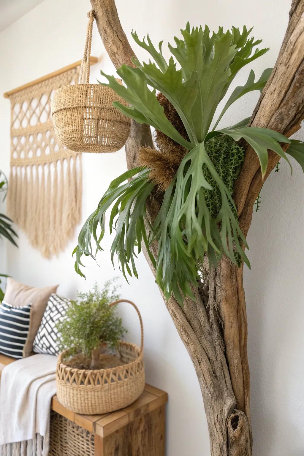 Bring the outdoors in with a stunning staghorn fern mounted on a natural tree branch—nature’s art in your home.