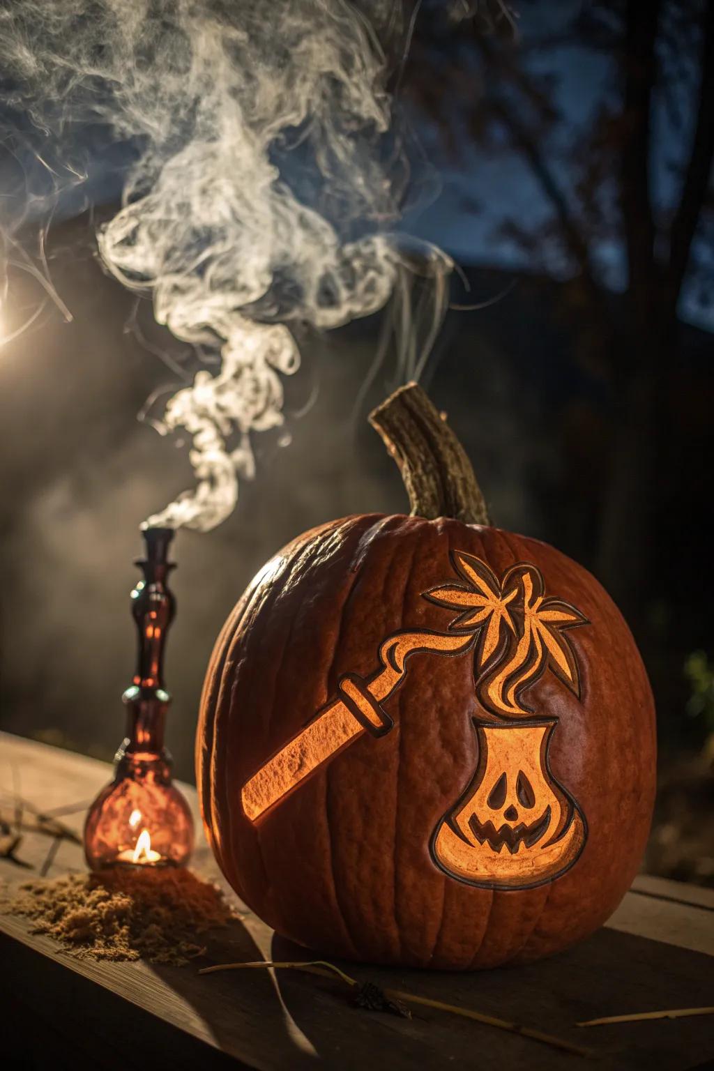 Masterful Carving: A Haunting Bong with Ghostly Smoke