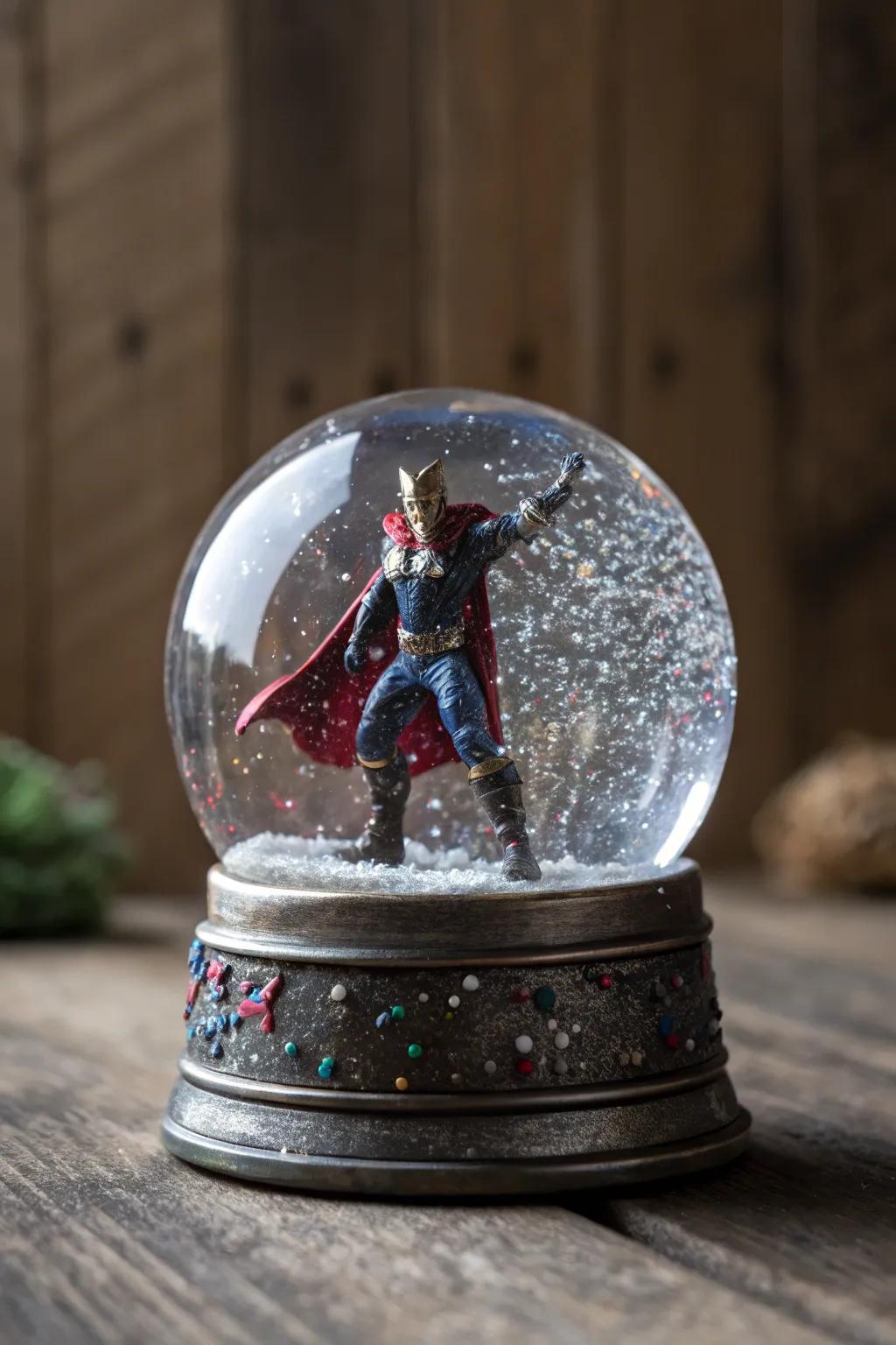 Capture the magic of heroism with a handcrafted superhero snow globe.
