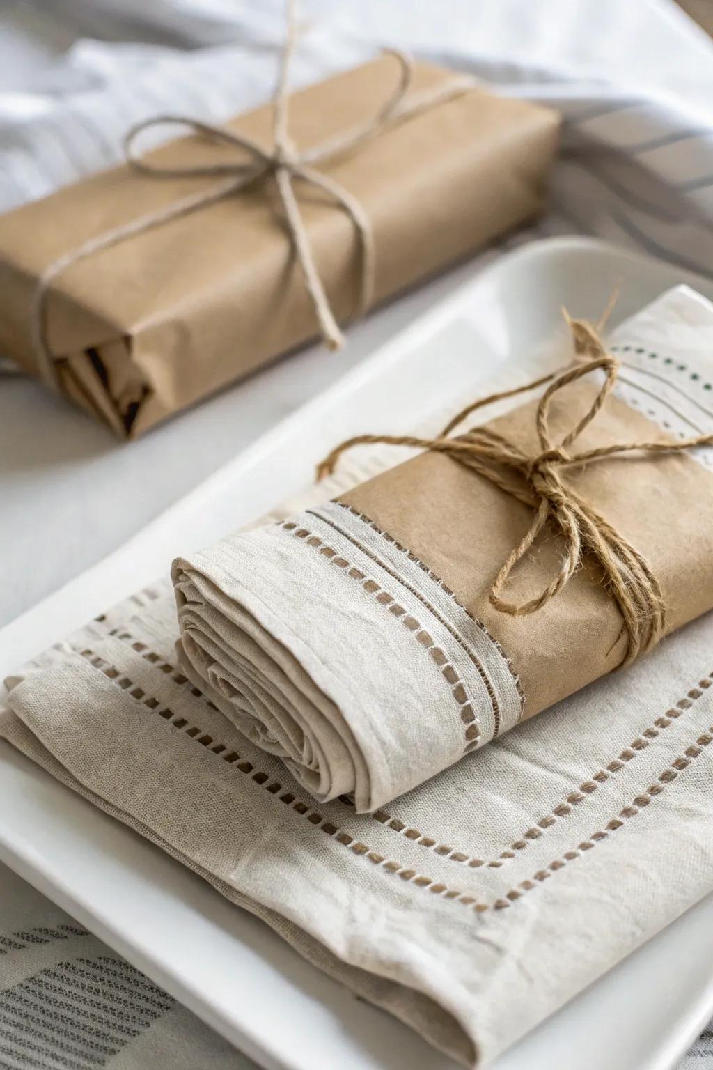 Elevate your kitchen decor with this chic and rustic tea towel packaging idea, blending simplicity and natural beauty.