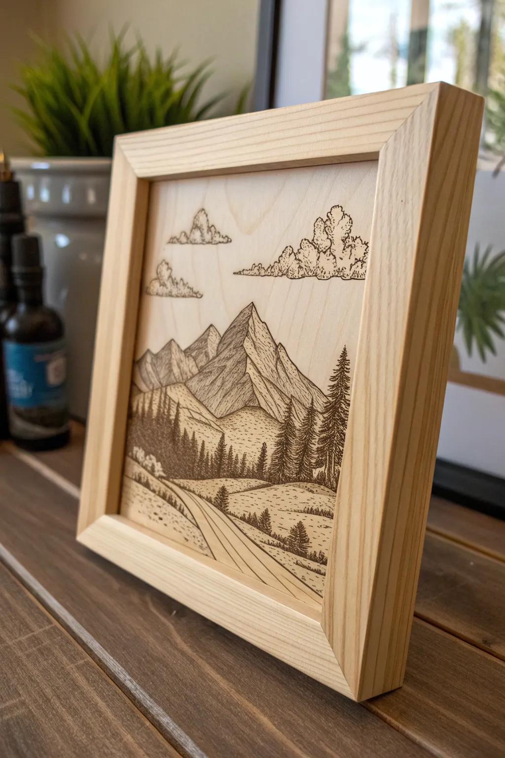 Embrace the tranquility of nature with this handcrafted mountain scene wood burning frame. Perfect for adding a rustic touch to your minimalist décor.