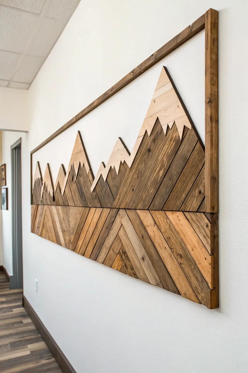 Bring the serenity of the mountains into your home with this exquisite wood plank art, where simplicity meets natural beauty.