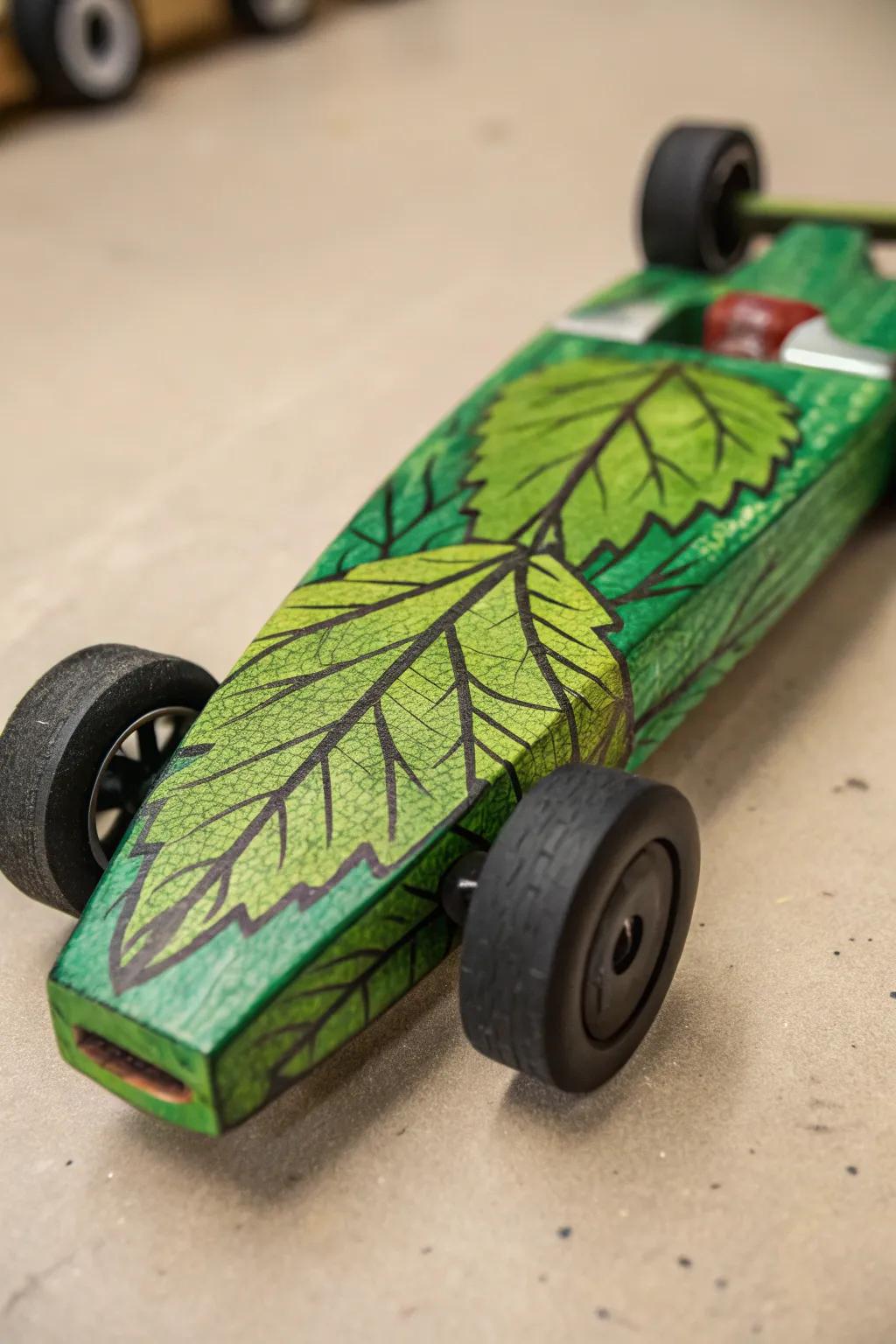 Race with nature: A leaf-inspired pinewood derby car that blends craftsmanship with vibrant, natural beauty.