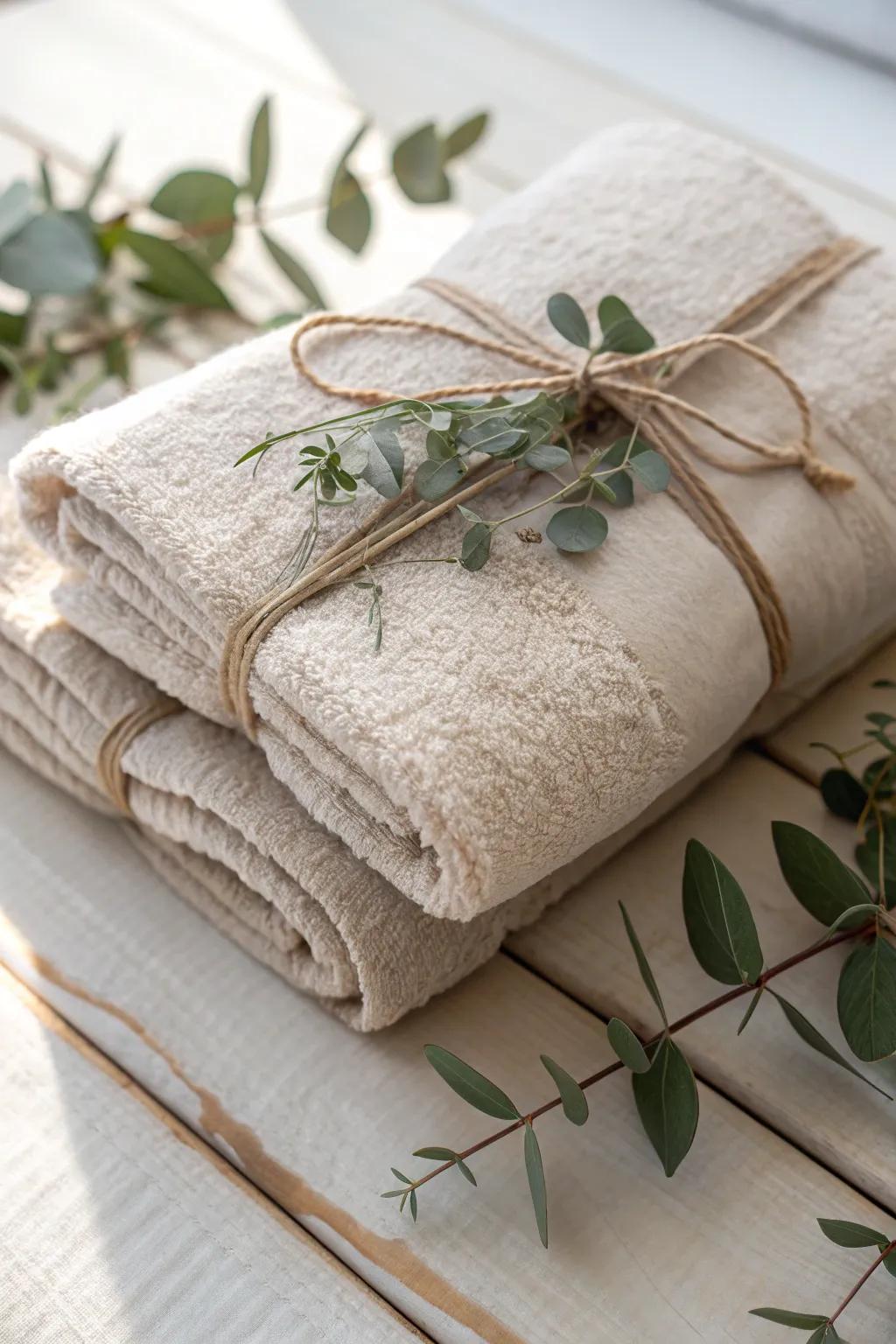 Wrap with Nature: Elevate your gift with the simplicity of a bath towel and the freshness of eucalyptus.