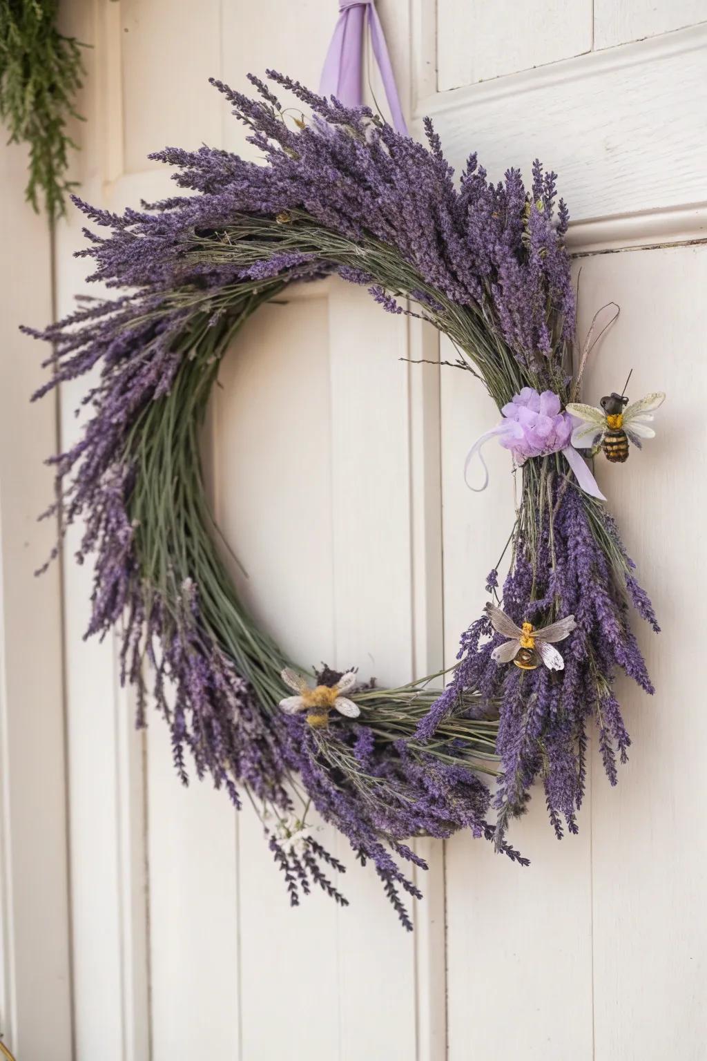 Embrace serenity and style with this lavender and bee wreath, perfect for adding a touch of natural elegance to your space.