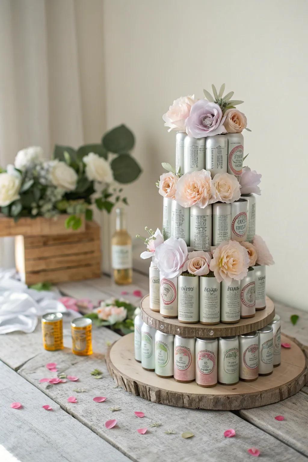 Celebrate sustainably with this exquisite beer cake tower, beautifully adorned with recycled paper flowers. #EcoFriendlyElegance