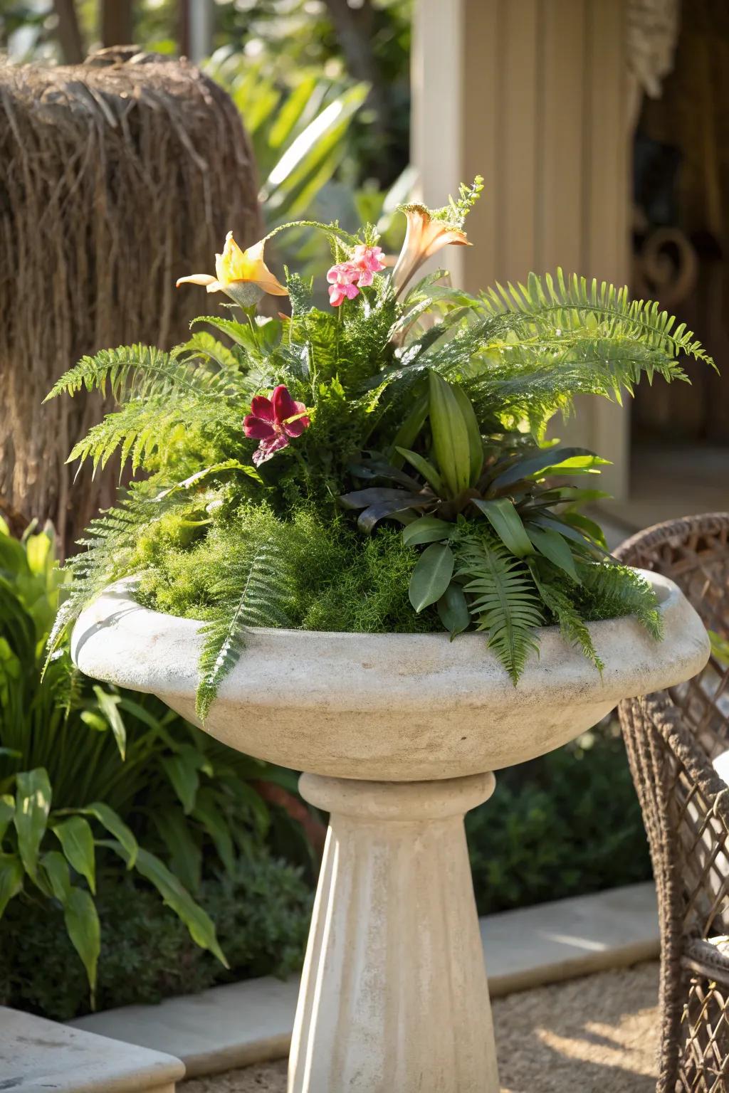 Create your own tropical paradise with this stunning bird bath planter, a blend of minimalist design and vibrant natural beauty.
