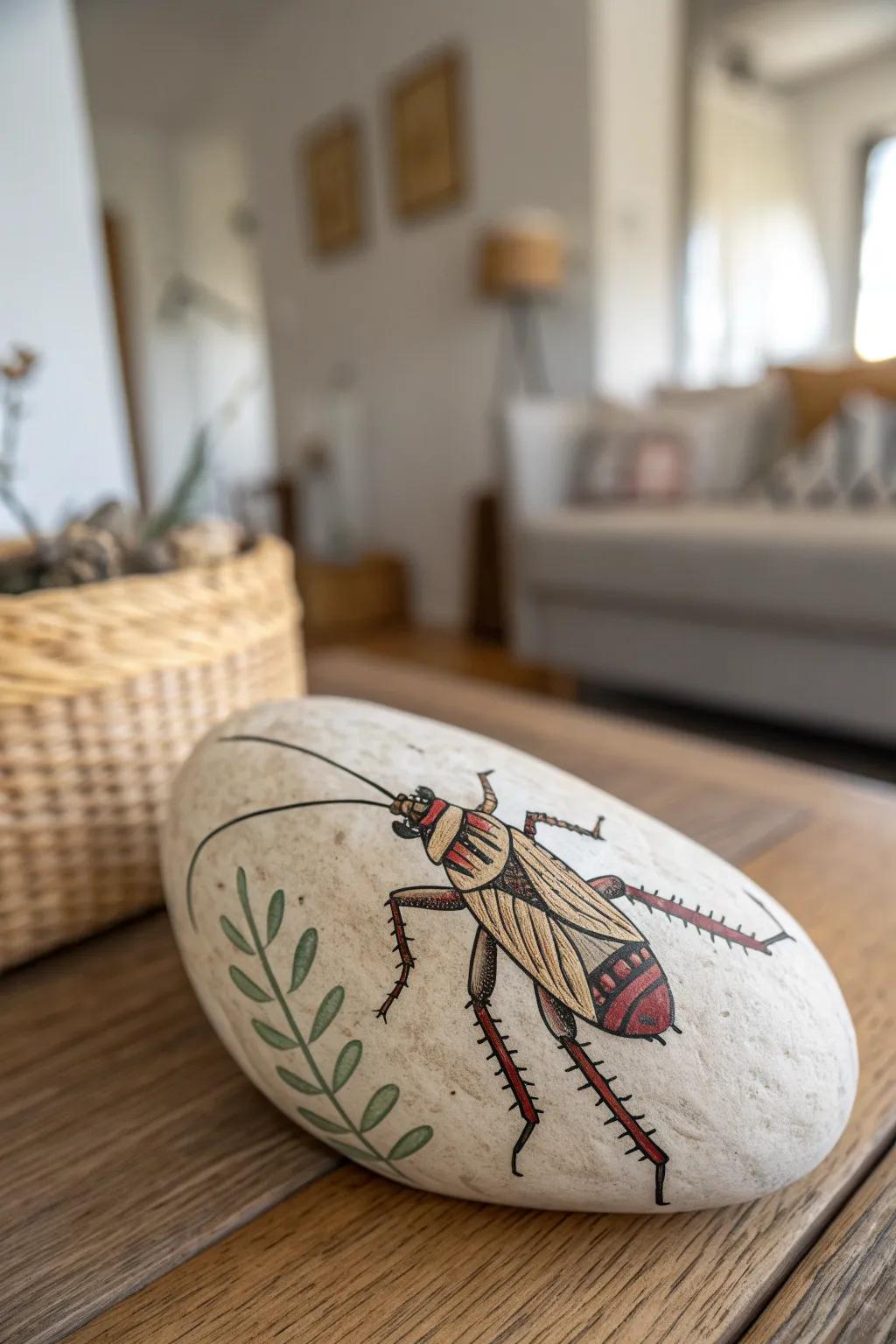 Welcome your guests with a touch of whimsy and charm with these elegantly painted cricket rocks.