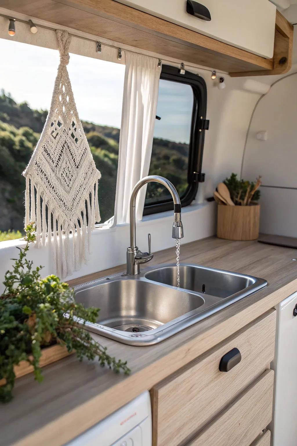 Elevate your campervan with a chic stainless steel sink, the epitome of minimalist elegance and practicality.
