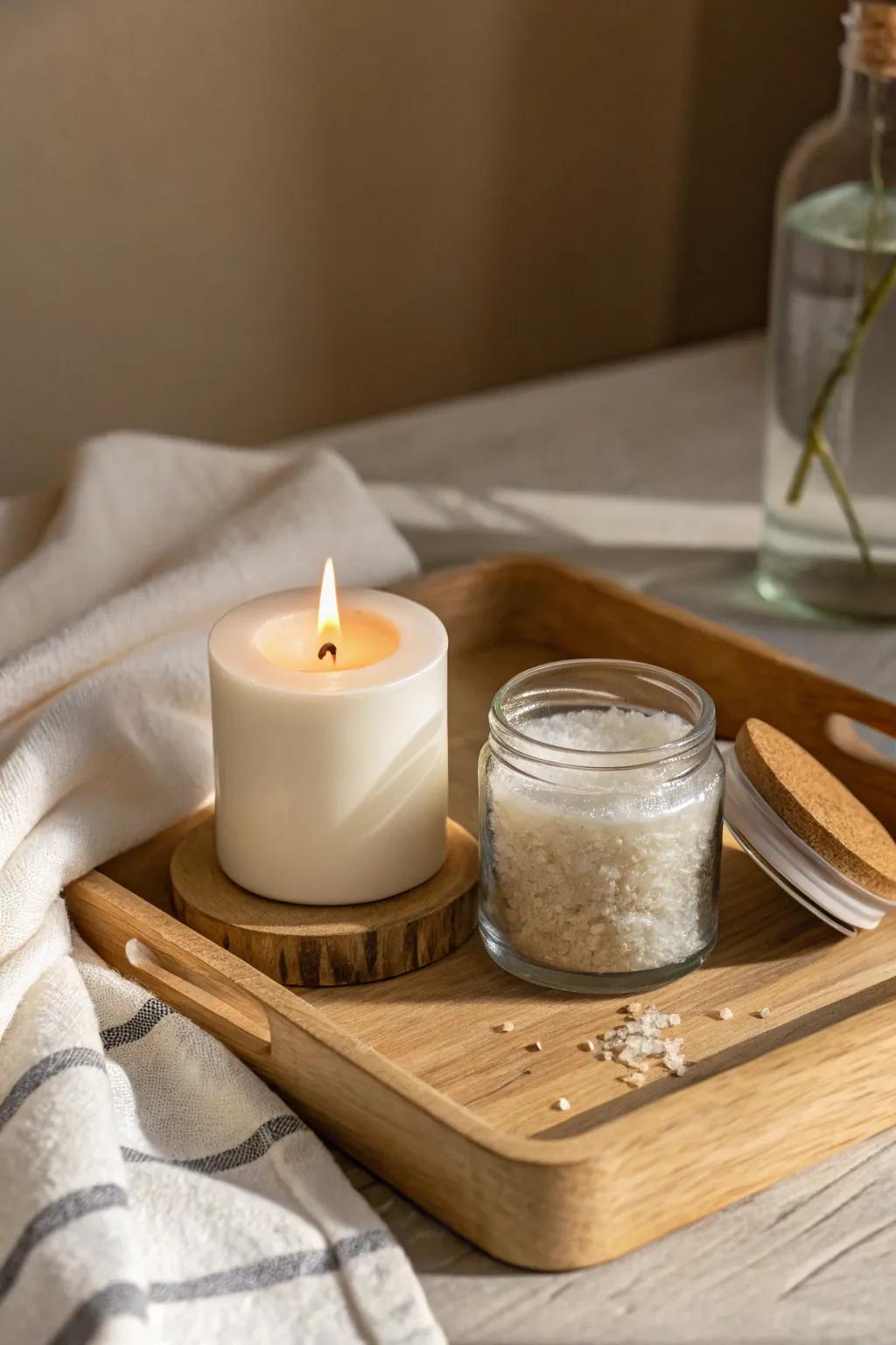 Indulge in serenity with our candle and bath salts combo for the perfect spa escape at home.