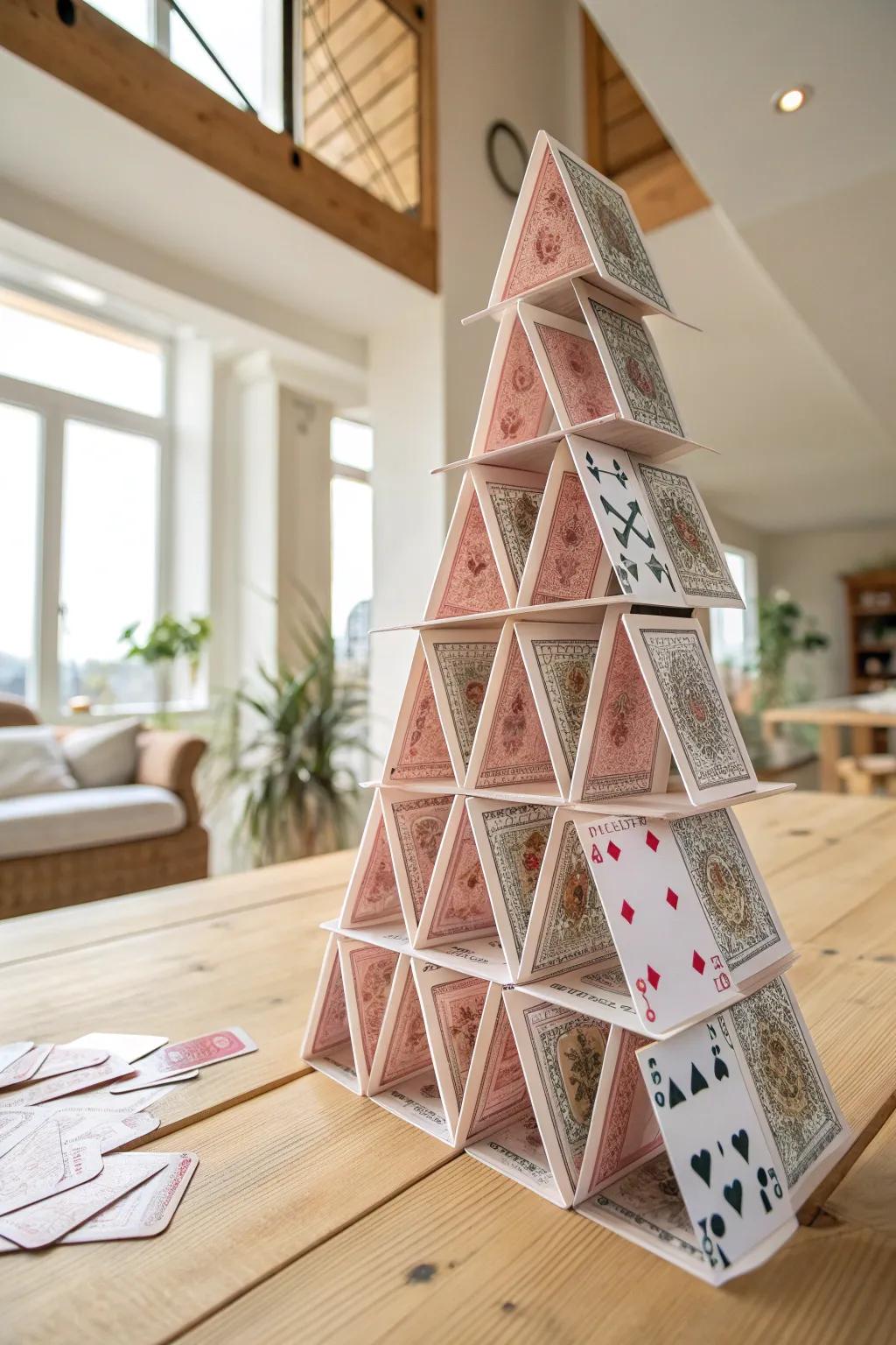 Defy expectations with a gravity-challenging card tower—where minimalism meets mesmerizing balance.