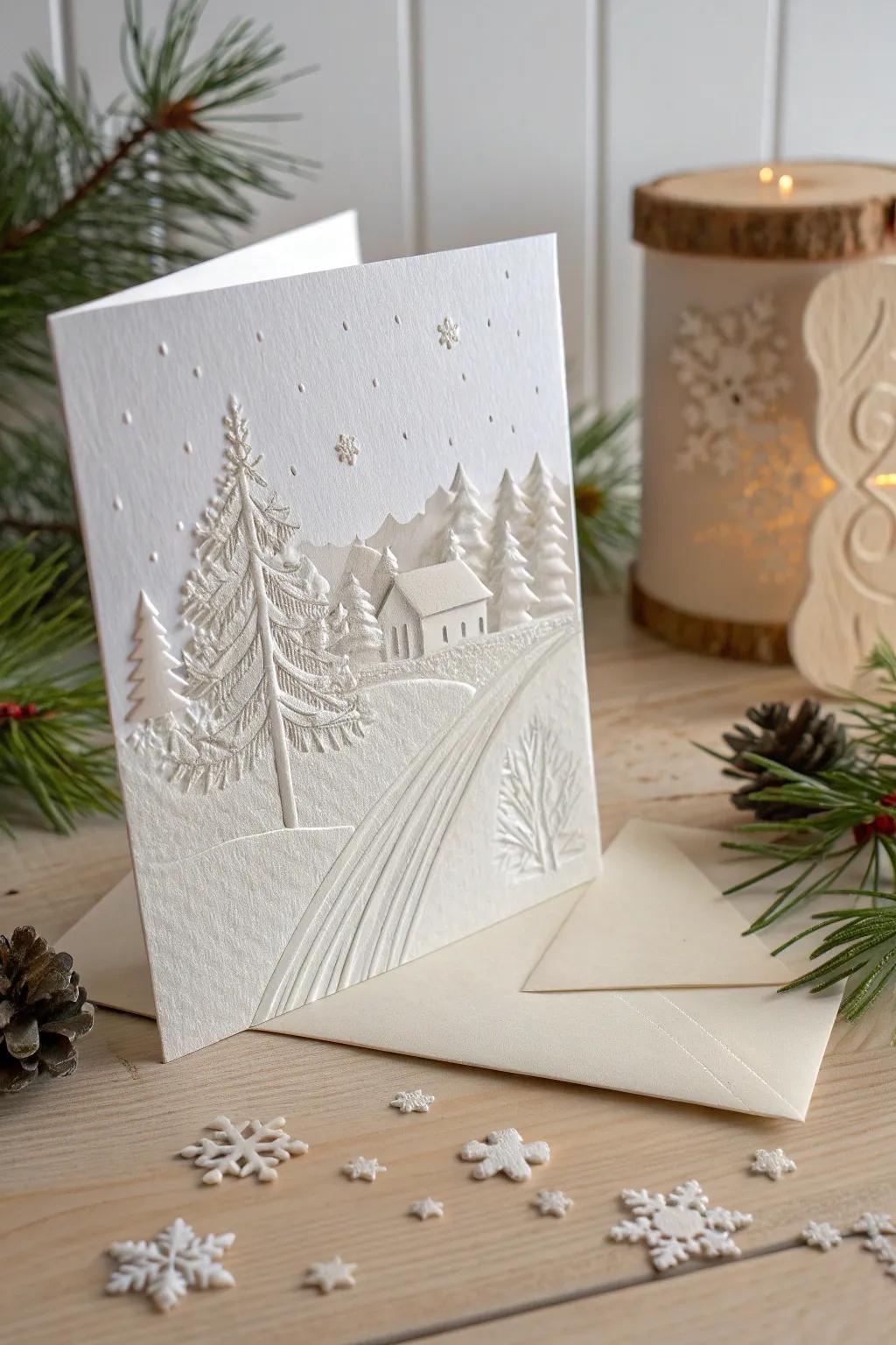 Capture the beauty of winter with an embossed Christmas card that brings snowy landscapes to life.
