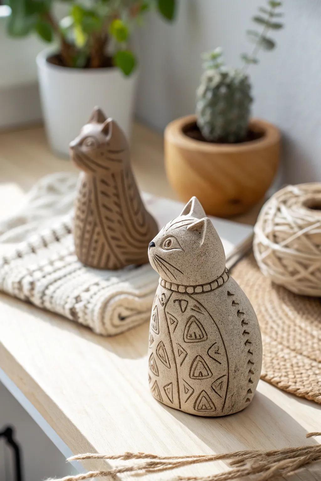 Add a touch of whimsy to your workspace with this adorable miniature clay cat, a perfect blend of simplicity and natural beauty.