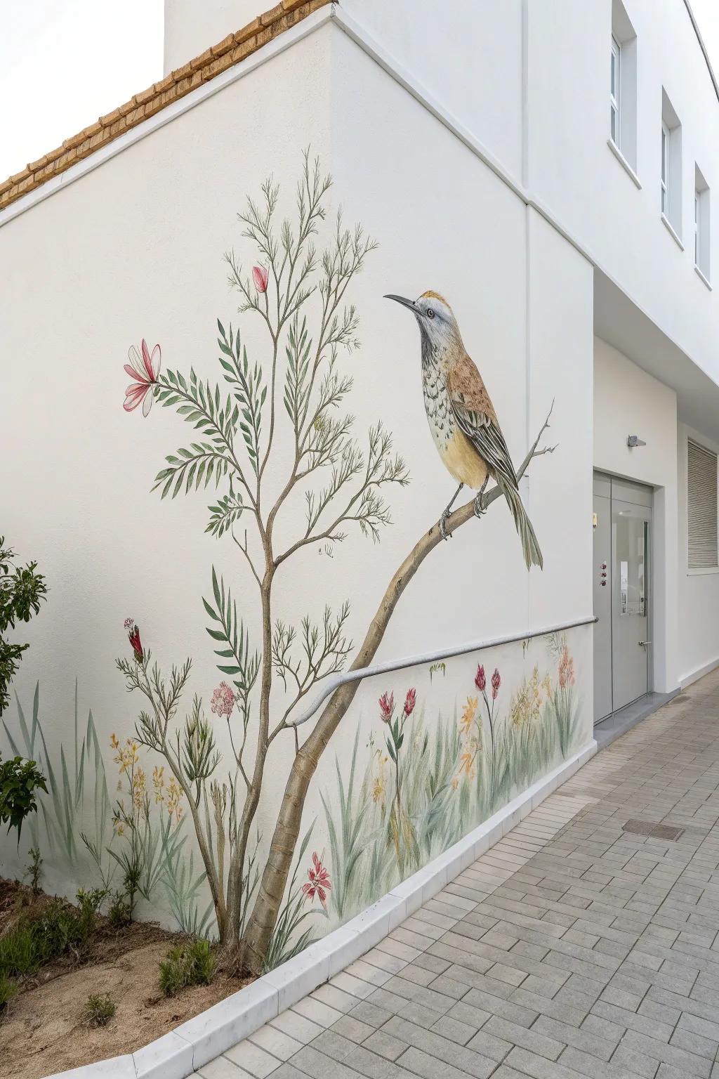 Celebrate nature's elegance with a mural that brings local wildlife to life in minimalist beauty.