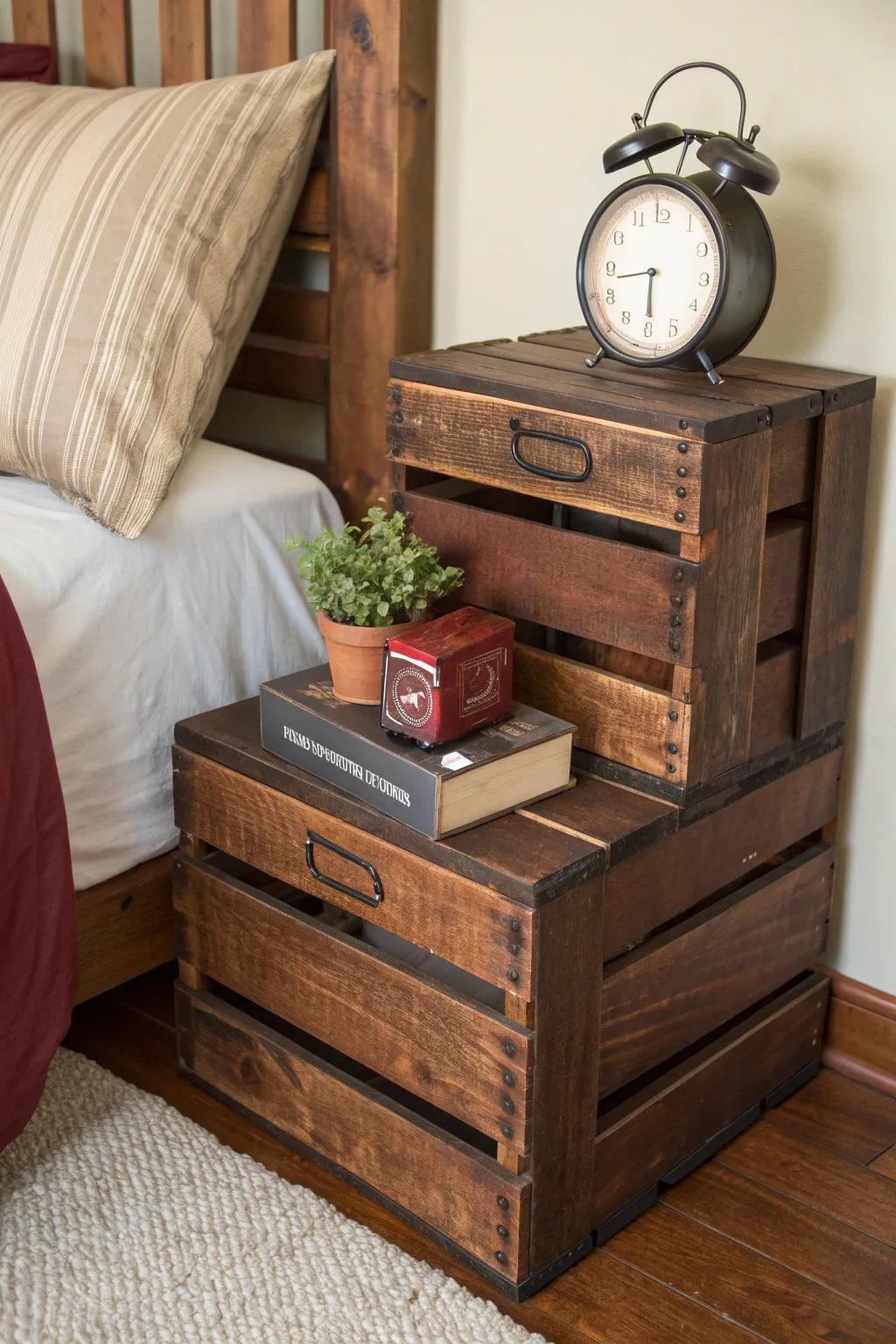 Elevate your bedroom style with a rustic crate nightstand—where charm meets function.