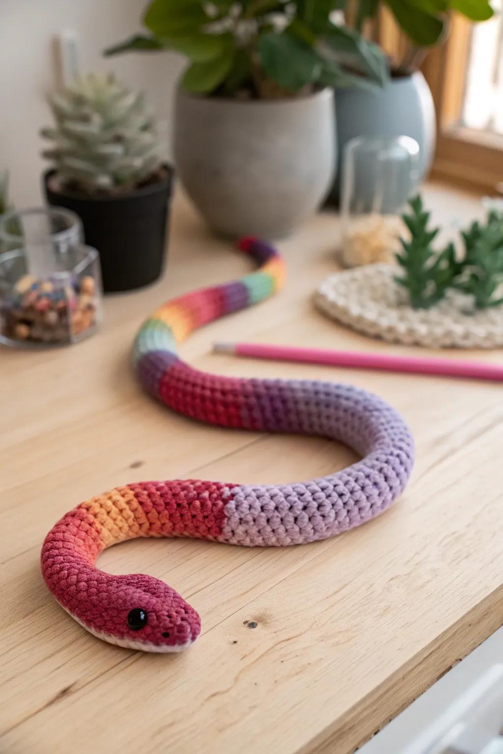 Add a pop of color to playtime with this charming rainbow crochet snake!